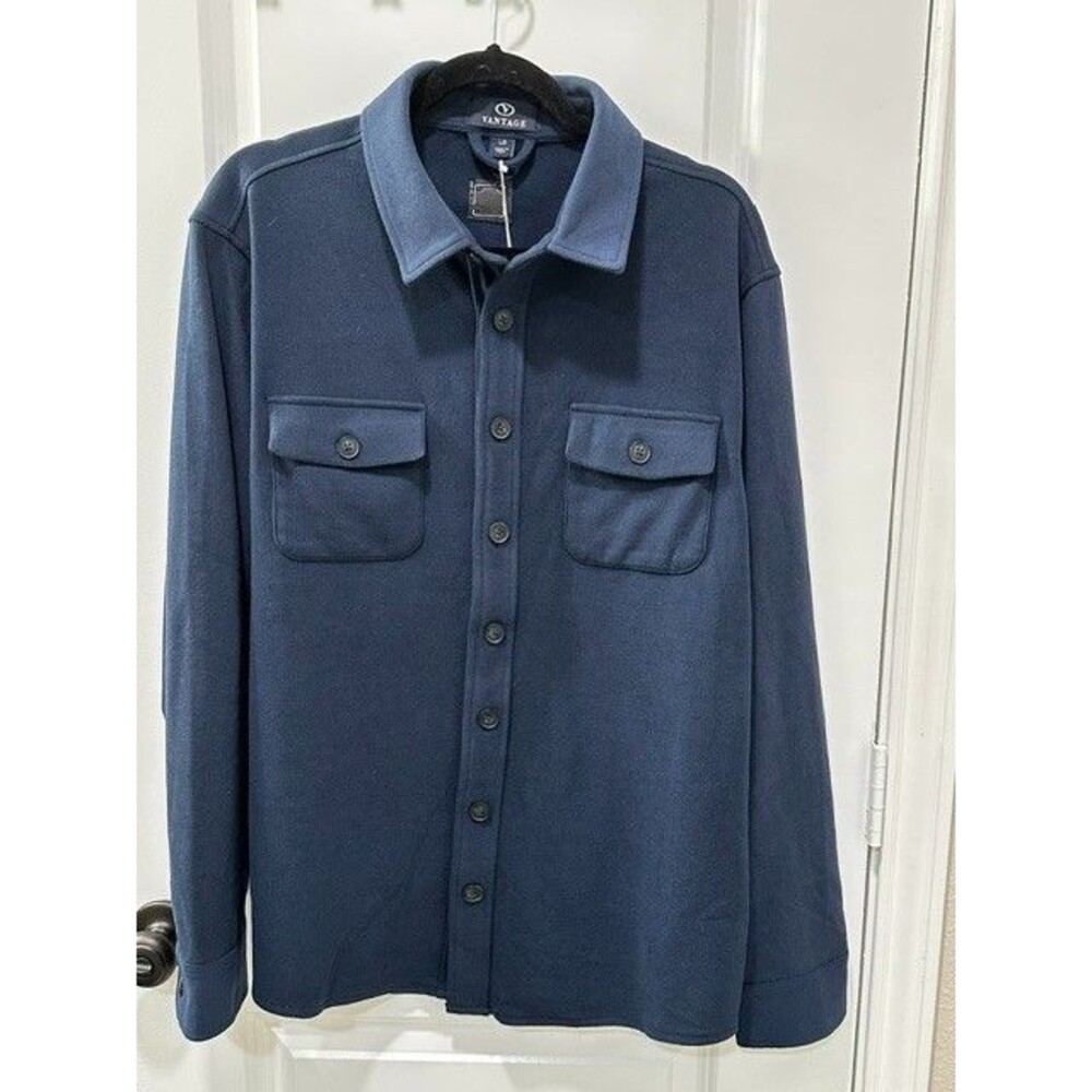 NWT Vantage Men's Large Navy Knit Shirt Jacket Button Front Dual Chest Pocket